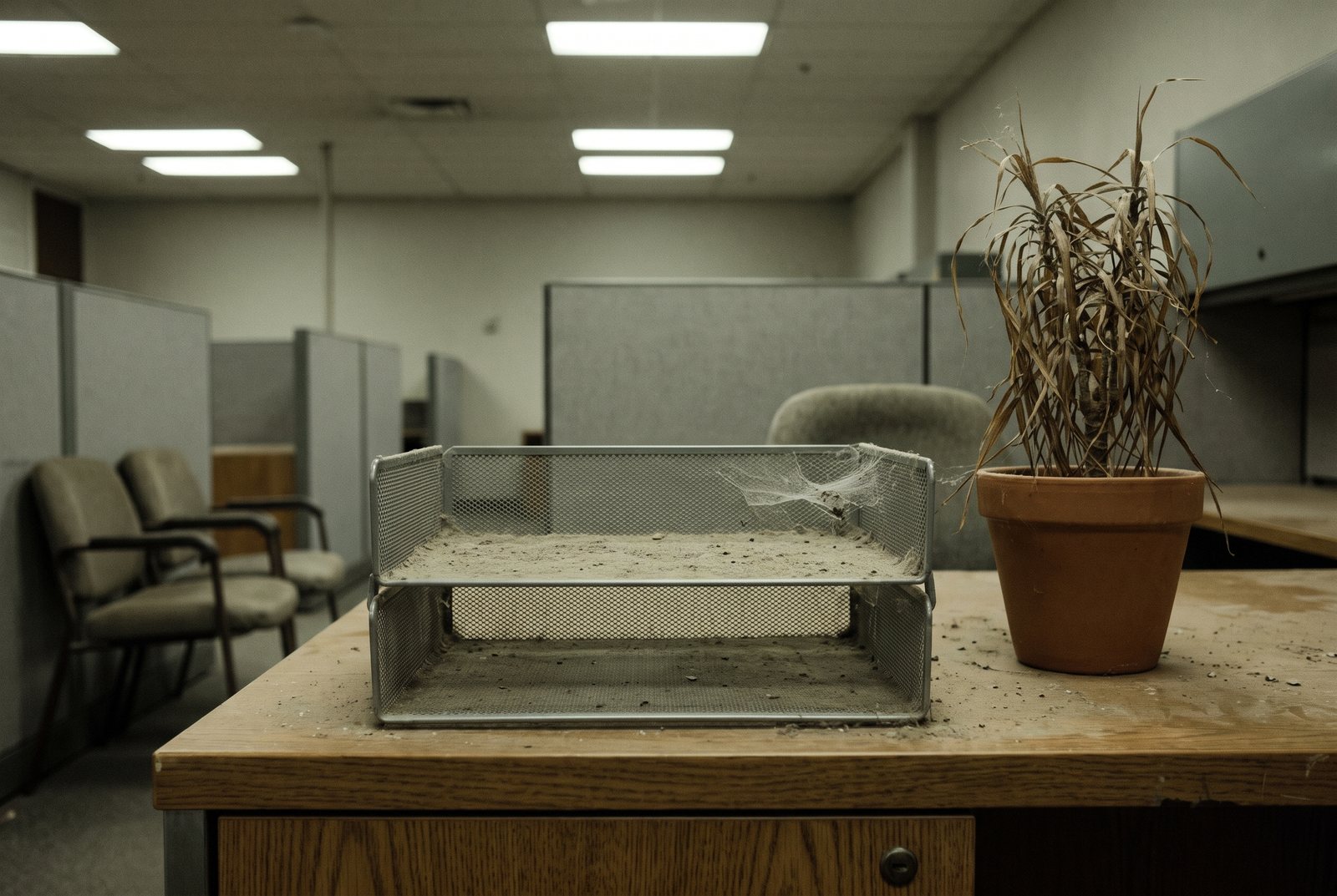 A dusty wire in-tray on a bare desk with a spider web in one corner and a dead plant beside it.