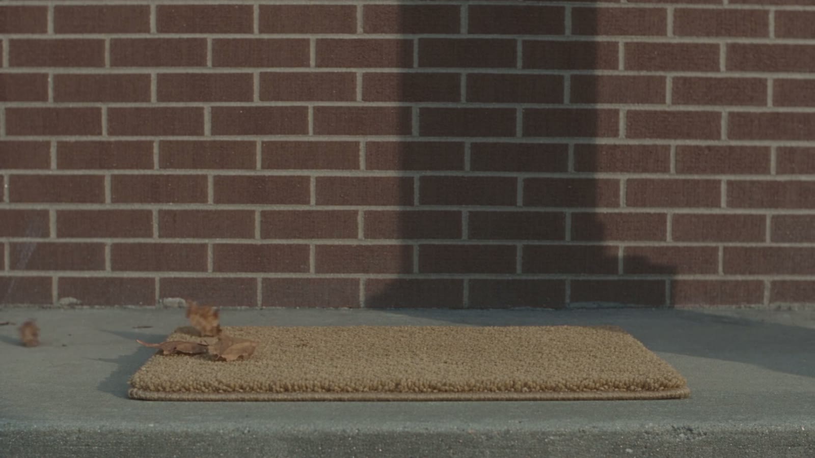 A doormat on a step in front of a brick wall with no door in it.