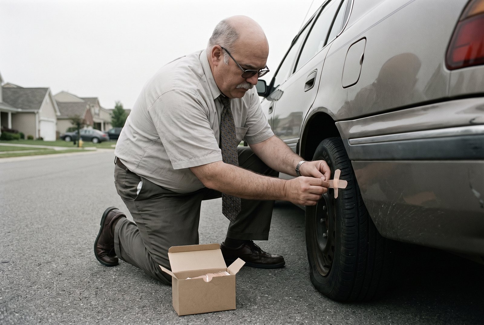 A man in a shirt and tie kneels at the curb pressing a bandage onto a flat tire.